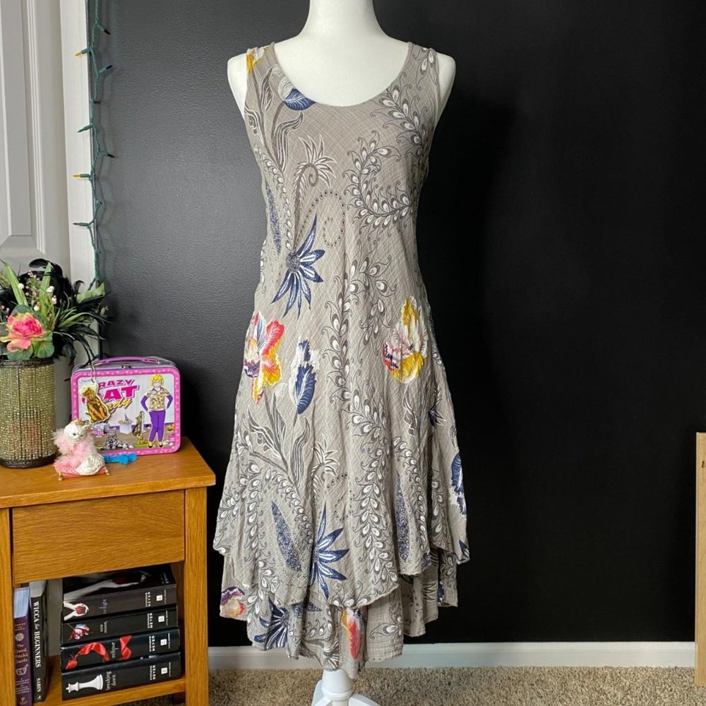 Grey Floral Asymmetric Ruffle Hem Midi Dress